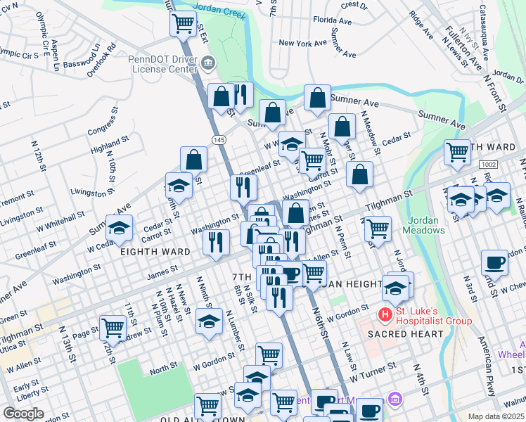 map of restaurants, bars, coffee shops, grocery stores, and more near 622 1/2 Washington Street in Allentown