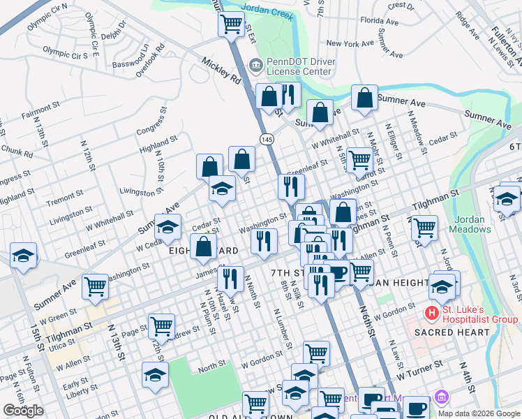 map of restaurants, bars, coffee shops, grocery stores, and more near 733 Cedar Street in Allentown