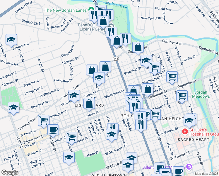 map of restaurants, bars, coffee shops, grocery stores, and more near 826 North 8th Street in Allentown