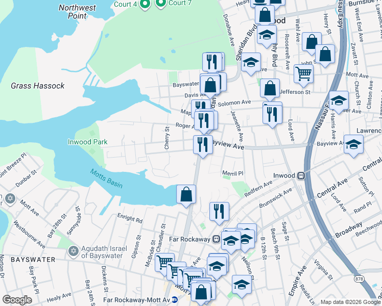 map of restaurants, bars, coffee shops, grocery stores, and more near 2-38 Nassau Ave in Inwood