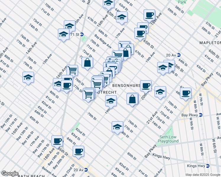 map of restaurants, bars, coffee shops, grocery stores, and more near 1824 74th Street in Brooklyn