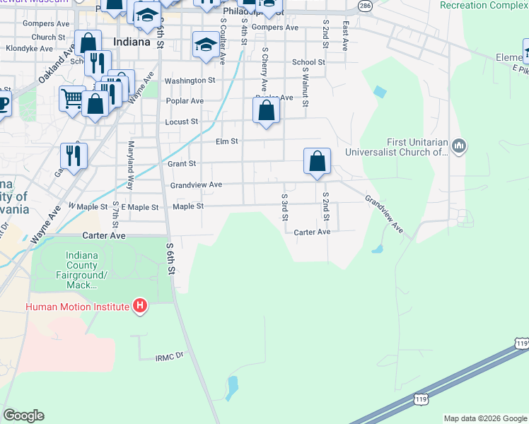 map of restaurants, bars, coffee shops, grocery stores, and more near 355 Maple Street in Indiana