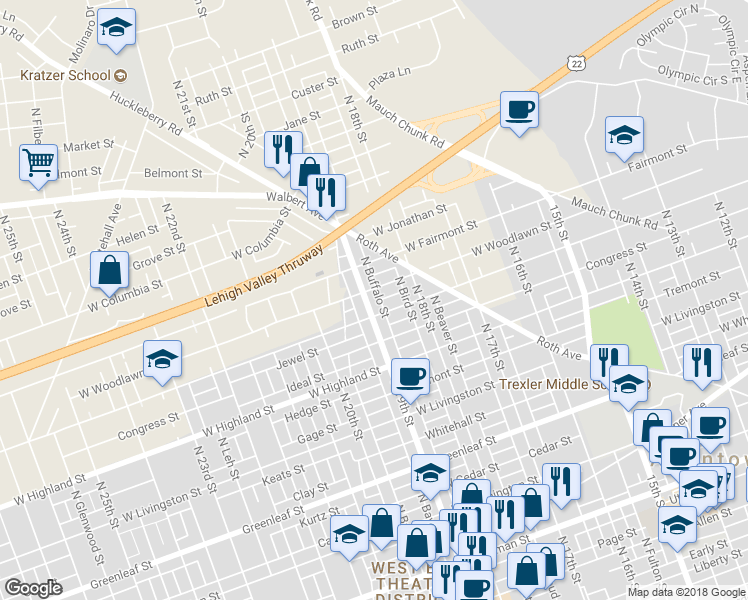 map of restaurants, bars, coffee shops, grocery stores, and more near 1215 North 19th Street in Allentown