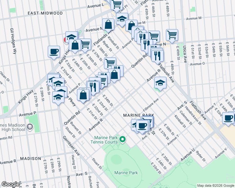 map of restaurants, bars, coffee shops, grocery stores, and more near 1722 East 36th Street in Brooklyn