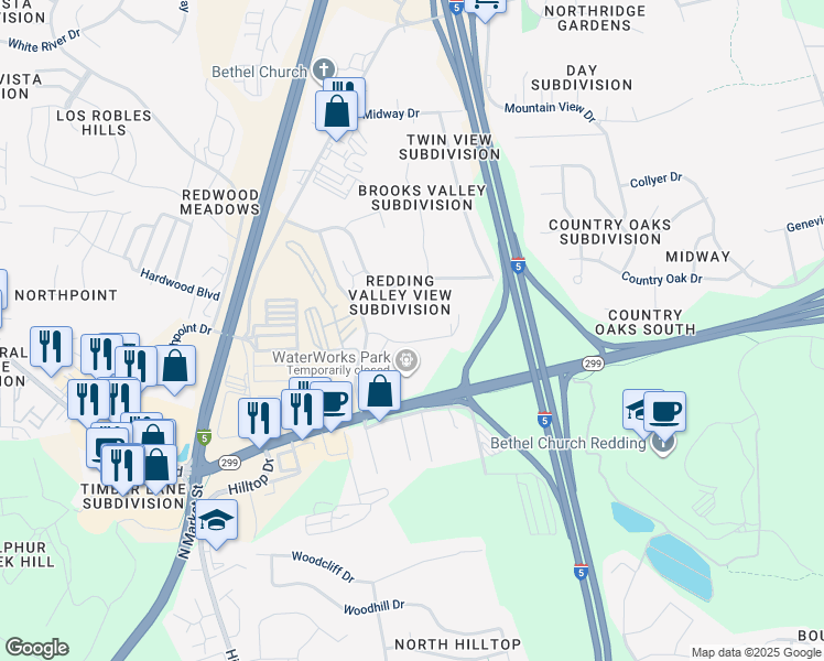 map of restaurants, bars, coffee shops, grocery stores, and more near 5391 Valley Ridge Drive in Redding