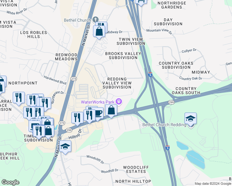 map of restaurants, bars, coffee shops, grocery stores, and more near 5391 Valley Ridge Drive in Redding