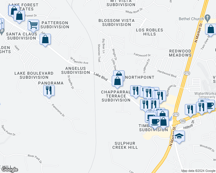 map of restaurants, bars, coffee shops, grocery stores, and more near 527 Buckeye Terrace in Redding