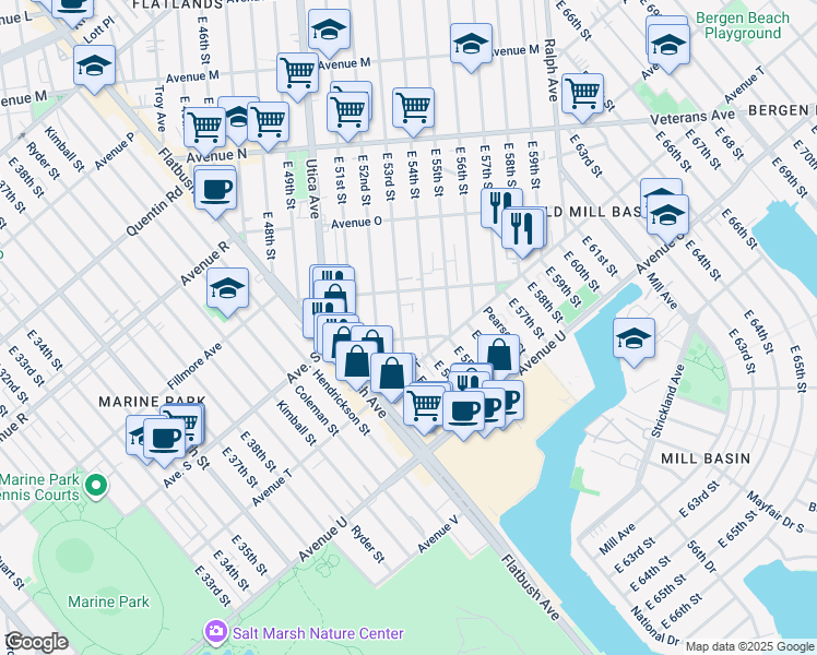 map of restaurants, bars, coffee shops, grocery stores, and more near 1821 East 53rd Street in Brooklyn