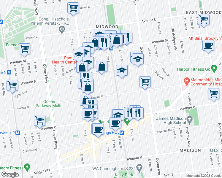 map of restaurants, bars, coffee shops, grocery stores, and more near 1465 East 15th Street in Brooklyn