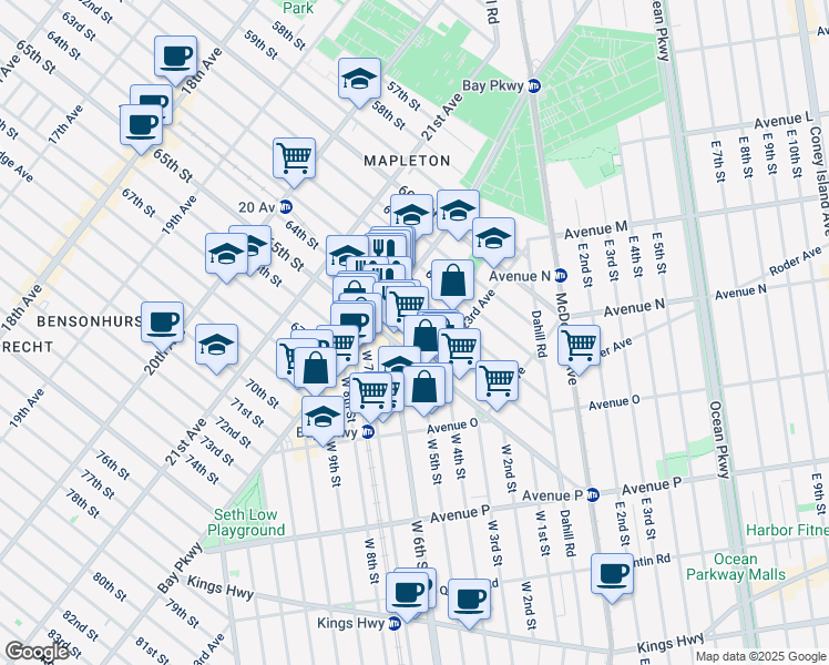 map of restaurants, bars, coffee shops, grocery stores, and more near 2225 64th Street in Brooklyn