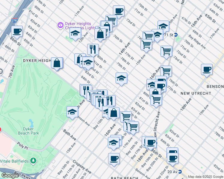 map of restaurants, bars, coffee shops, grocery stores, and more near 1447 83rd Street in Brooklyn