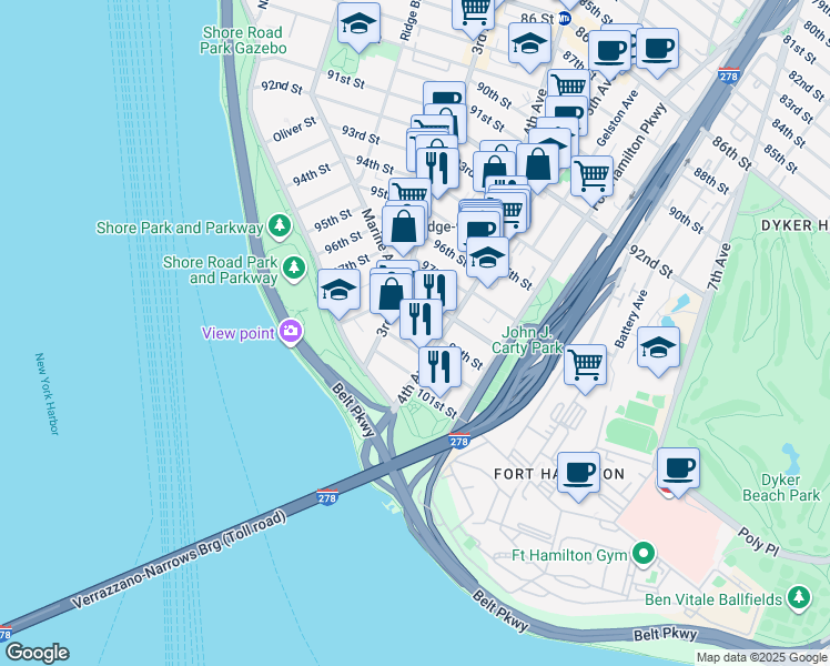 map of restaurants, bars, coffee shops, grocery stores, and more near 329 99th Street in Brooklyn