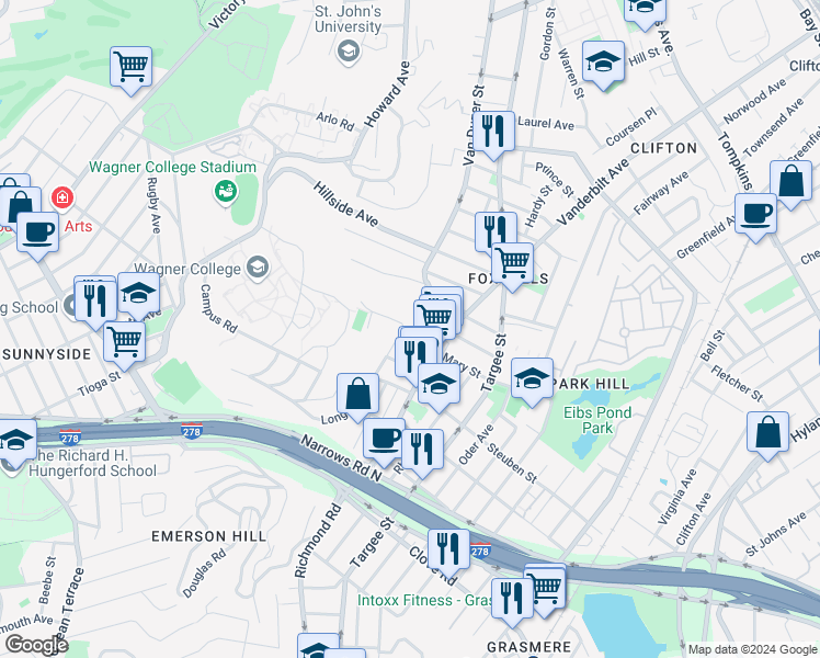 map of restaurants, bars, coffee shops, grocery stores, and more near 1032 Van Duzer Street in Staten Island