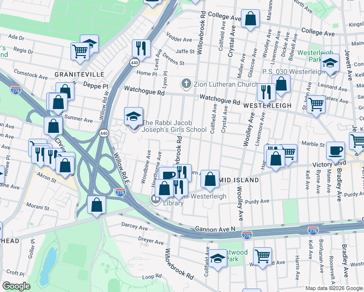 map of restaurants, bars, coffee shops, grocery stores, and more near 400 Willowbrook Road in Staten Island