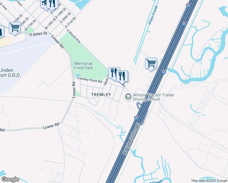 map of restaurants, bars, coffee shops, grocery stores, and more near 3202 Tremley Point Road in Linden