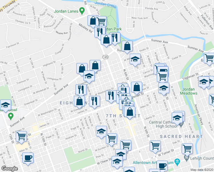 map of restaurants, bars, coffee shops, grocery stores, and more near 733 Cedar Street in Allentown