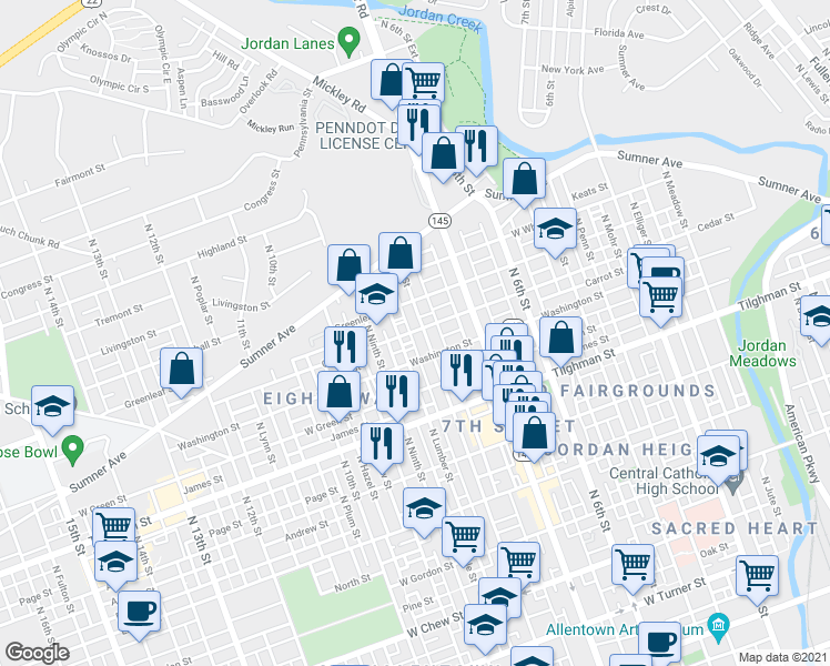 map of restaurants, bars, coffee shops, grocery stores, and more near 841 North Lumber Street in Allentown