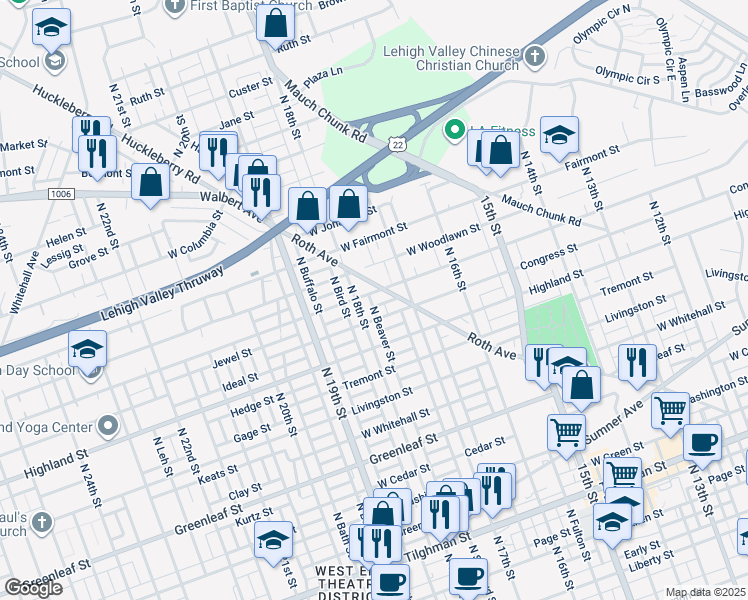map of restaurants, bars, coffee shops, grocery stores, and more near 1738 Pennsylvania Street in Allentown