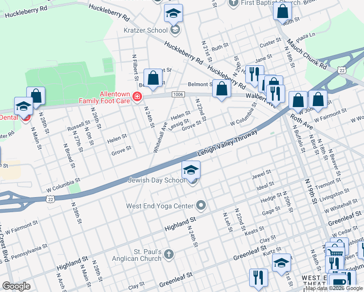 map of restaurants, bars, coffee shops, grocery stores, and more near 2245 West Columbia Street in Allentown