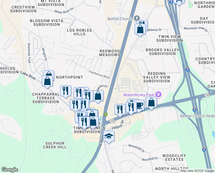 map of restaurants, bars, coffee shops, grocery stores, and more near Redwood Blvd & Northpoint Dr in Redding