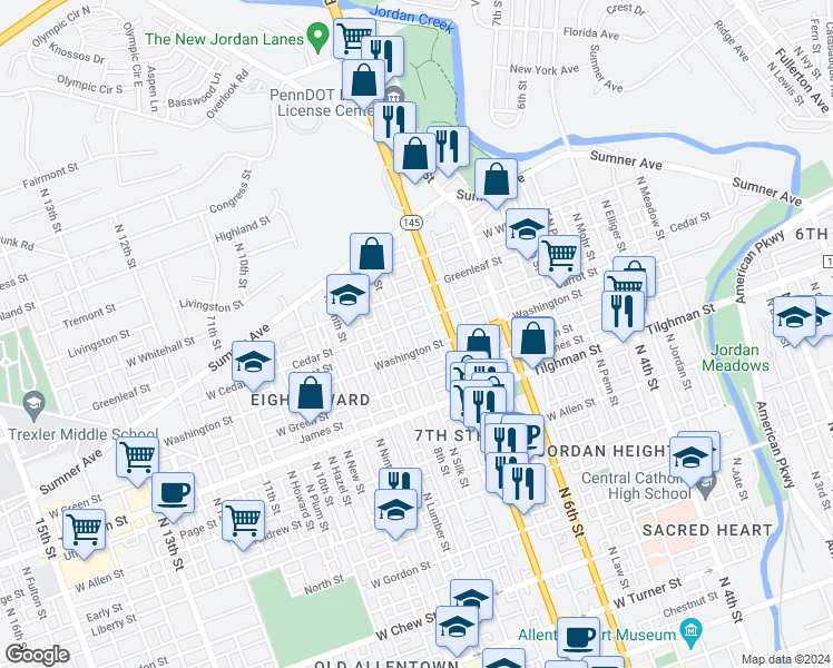 map of restaurants, bars, coffee shops, grocery stores, and more near 815 North Silk Street in Allentown