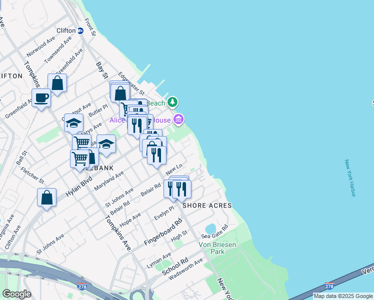 map of restaurants, bars, coffee shops, grocery stores, and more near 16 Waterview Court in Staten Island