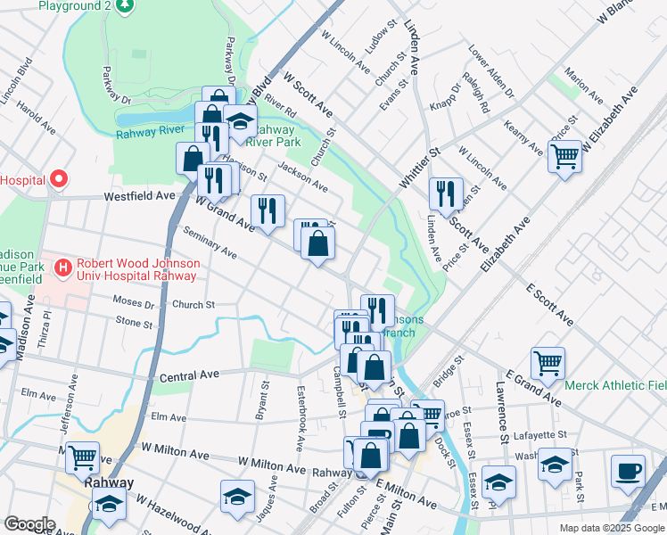 map of restaurants, bars, coffee shops, grocery stores, and more near 383 West Grand Avenue in Rahway