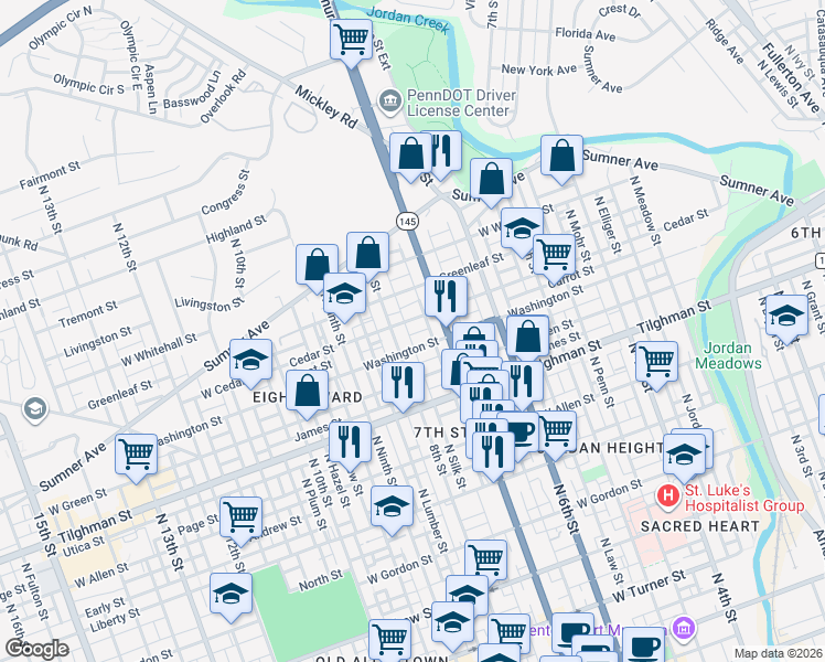 map of restaurants, bars, coffee shops, grocery stores, and more near 733 Cedar Street in Allentown