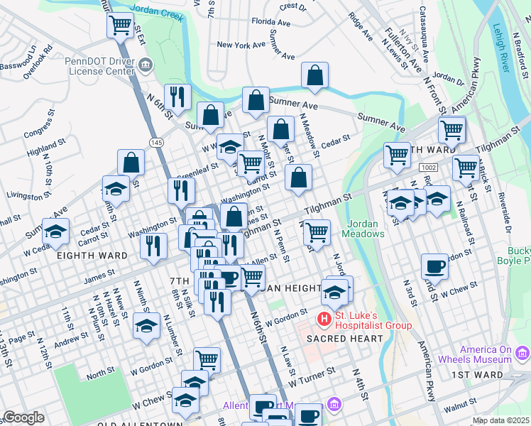 map of restaurants, bars, coffee shops, grocery stores, and more near 718-720 North Penn Street in Allentown