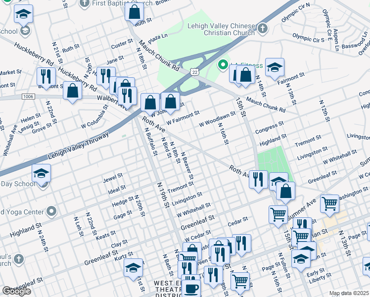 map of restaurants, bars, coffee shops, grocery stores, and more near 1730 Pennsylvania Street in Allentown