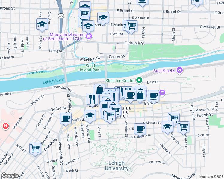 map of restaurants, bars, coffee shops, grocery stores, and more near 119 Technology Drive in Bethlehem