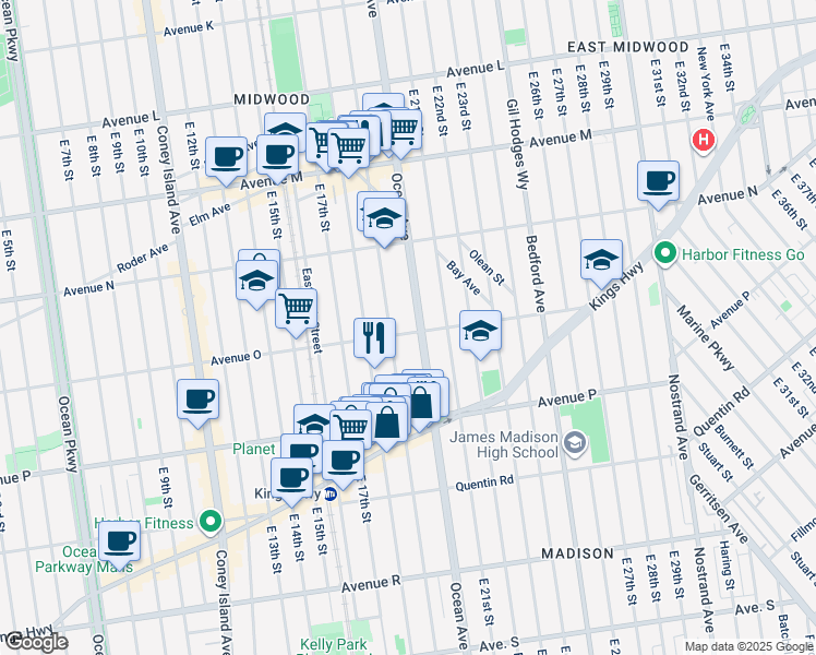 map of restaurants, bars, coffee shops, grocery stores, and more near 1917 Avenue O in Brooklyn