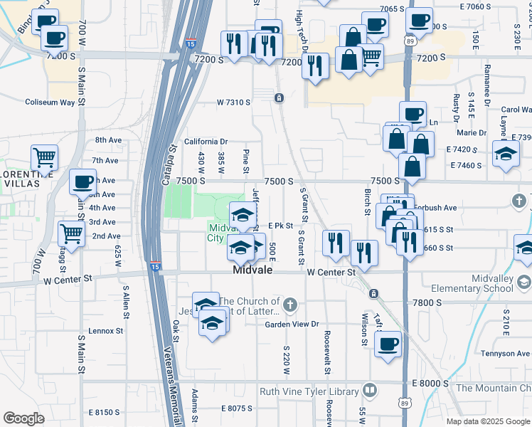 map of restaurants, bars, coffee shops, grocery stores, and more near 7572 South Parkway Drive in Midvale