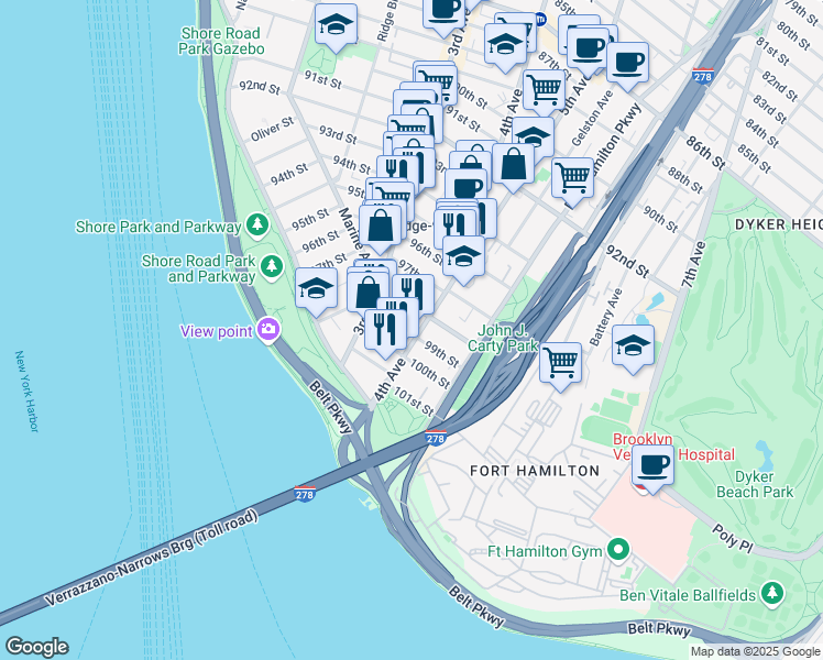 map of restaurants, bars, coffee shops, grocery stores, and more near 9824 4th Avenue in Brooklyn