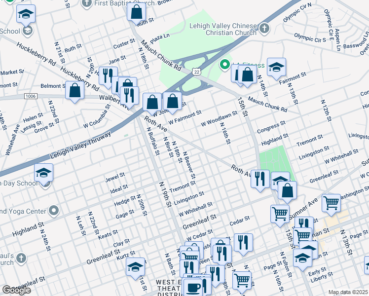 map of restaurants, bars, coffee shops, grocery stores, and more near 1738 Pennsylvania Street in Allentown