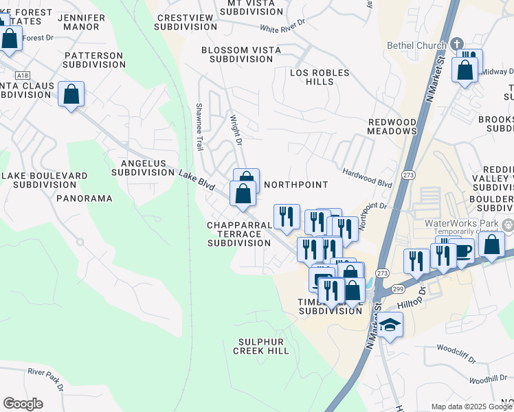 map of restaurants, bars, coffee shops, grocery stores, and more near 4463 Alder Street in Redding