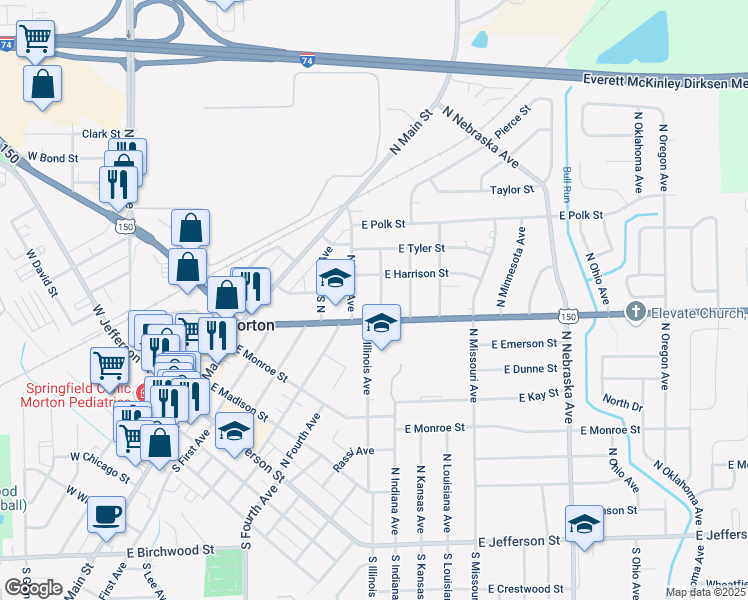 map of restaurants, bars, coffee shops, grocery stores, and more near 425 North Illinois Avenue in Morton