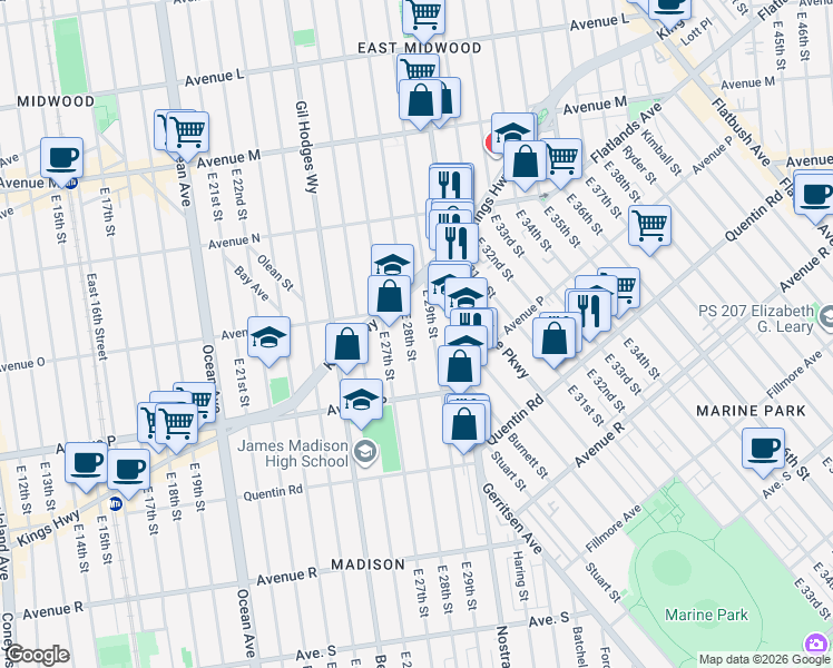 map of restaurants, bars, coffee shops, grocery stores, and more near 1511 East 29th Street in Brooklyn