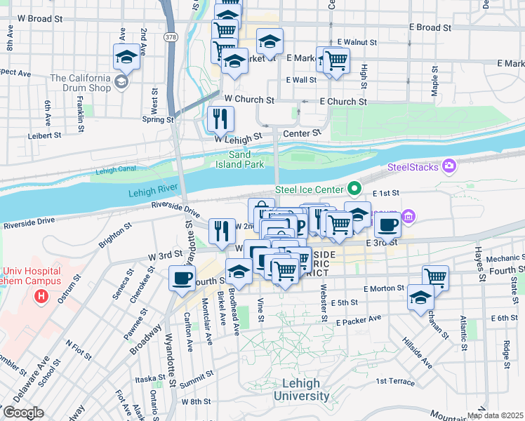 map of restaurants, bars, coffee shops, grocery stores, and more near 11 West 2nd Street in Bethlehem