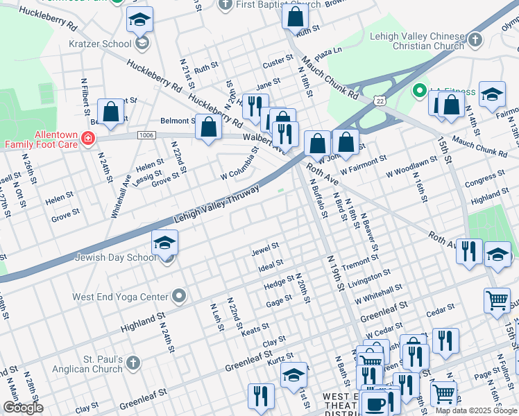 map of restaurants, bars, coffee shops, grocery stores, and more near 1252 Saint Michael Street in Allentown