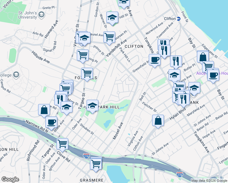 map of restaurants, bars, coffee shops, grocery stores, and more near 91 Long Pond Lane in Staten Island