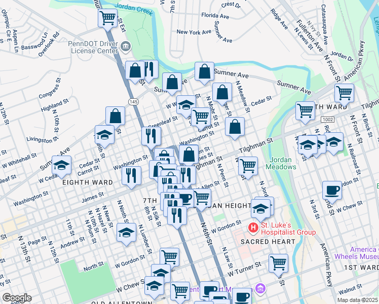 map of restaurants, bars, coffee shops, grocery stores, and more near 527 West Green Street in Allentown