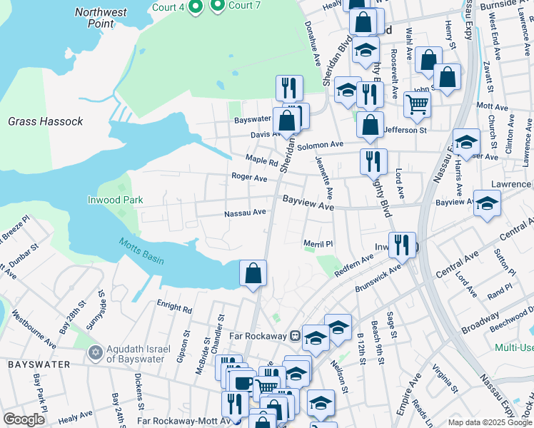 map of restaurants, bars, coffee shops, grocery stores, and more near 2-38 Nassau Ave in Inwood