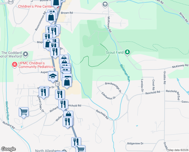 map of restaurants, bars, coffee shops, grocery stores, and more near 231 Edelweiss Drive in Wexford