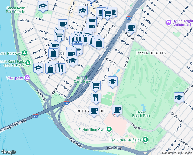 map of restaurants, bars, coffee shops, grocery stores, and more near 272 Dahlgren Place in Brooklyn