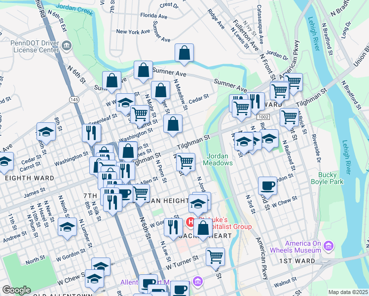 map of restaurants, bars, coffee shops, grocery stores, and more near 388 Tilghman Street in Allentown