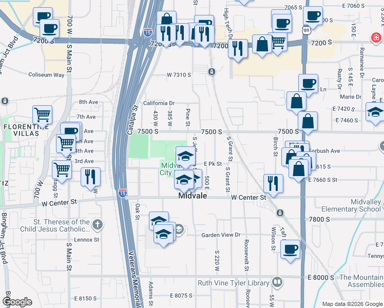 map of restaurants, bars, coffee shops, grocery stores, and more near 7564 Jefferson Street in Midvale