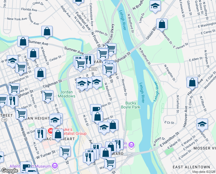 map of restaurants, bars, coffee shops, grocery stores, and more near 500 North Railroad Street in Allentown