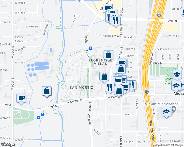 map of restaurants, bars, coffee shops, grocery stores, and more near 7544 San Savino Way in Midvale