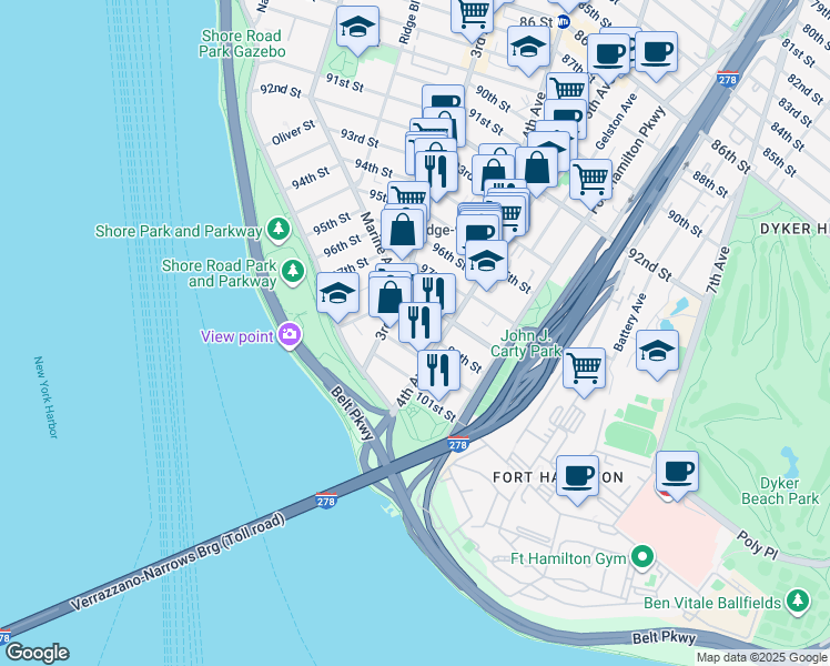 map of restaurants, bars, coffee shops, grocery stores, and more near 329 99th Street in Brooklyn